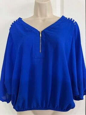 XOXO Royal Blue Zip-Front V-Neck Tunic with Shoulder Cutouts